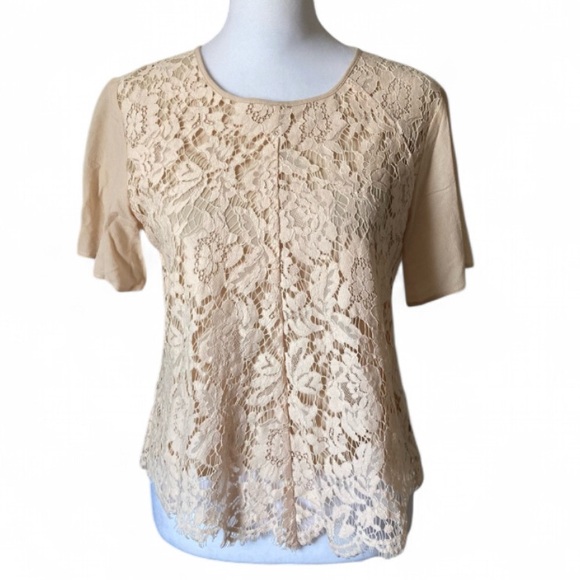 aijek Tops - Aijek Short Sleeve Scalloped Hem Blush Floral Lace Blouse size 3